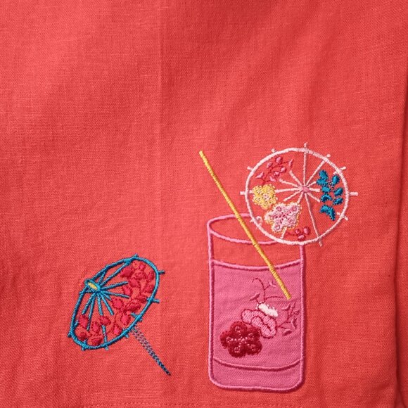 Linen Blend Cropped Pants Size L Hot Coral Pink Tiki Design High Rise Straight - Picture 2 of 10